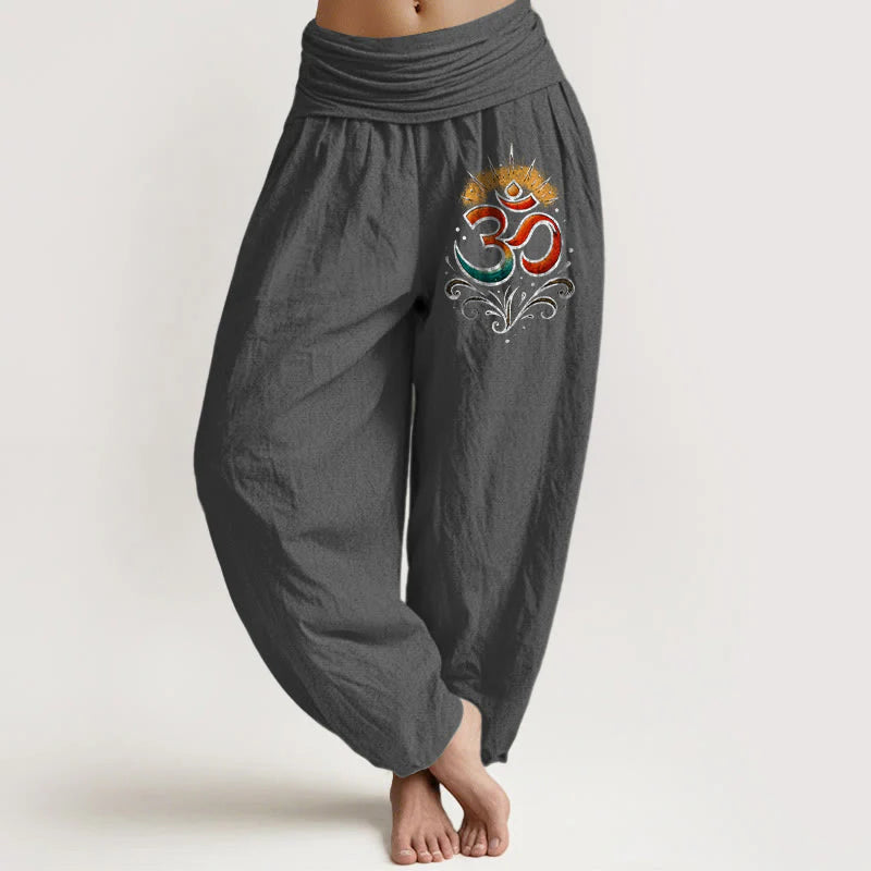 Buddha Stones Om Symbol Light Pattern Women's Elastic Waist Harem Cotton Pants