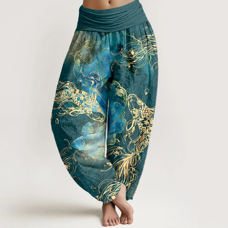 Buddha Stones Pure Cotton Lively Koi Fish Pattern Women's Elastic Waist Harem Pants