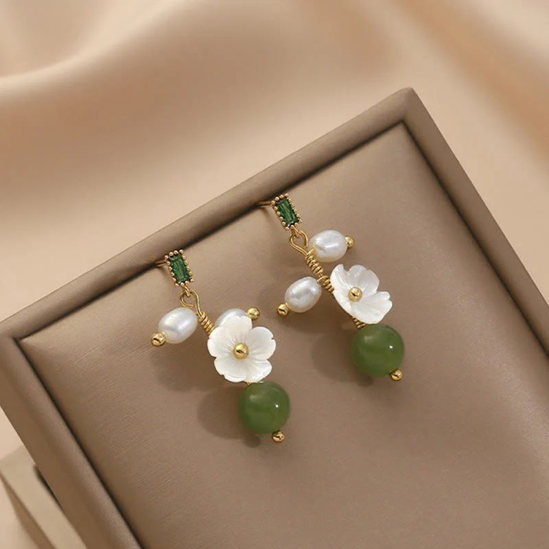 Buddha Stones Hetian Jade Pearl Bead Flower Prosperity Abundance Earrings