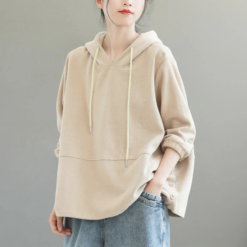 Buddha Stones Fall Solid Color Side Buttons Cotton Long Sleeve Women's Hoodie