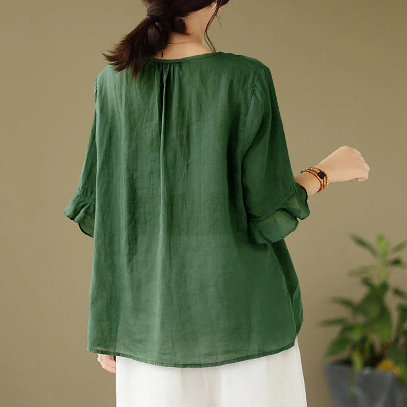 Buddha Stones Embroidery Buttons Crew Neck Flared Short Sleeve Women's Shirt
