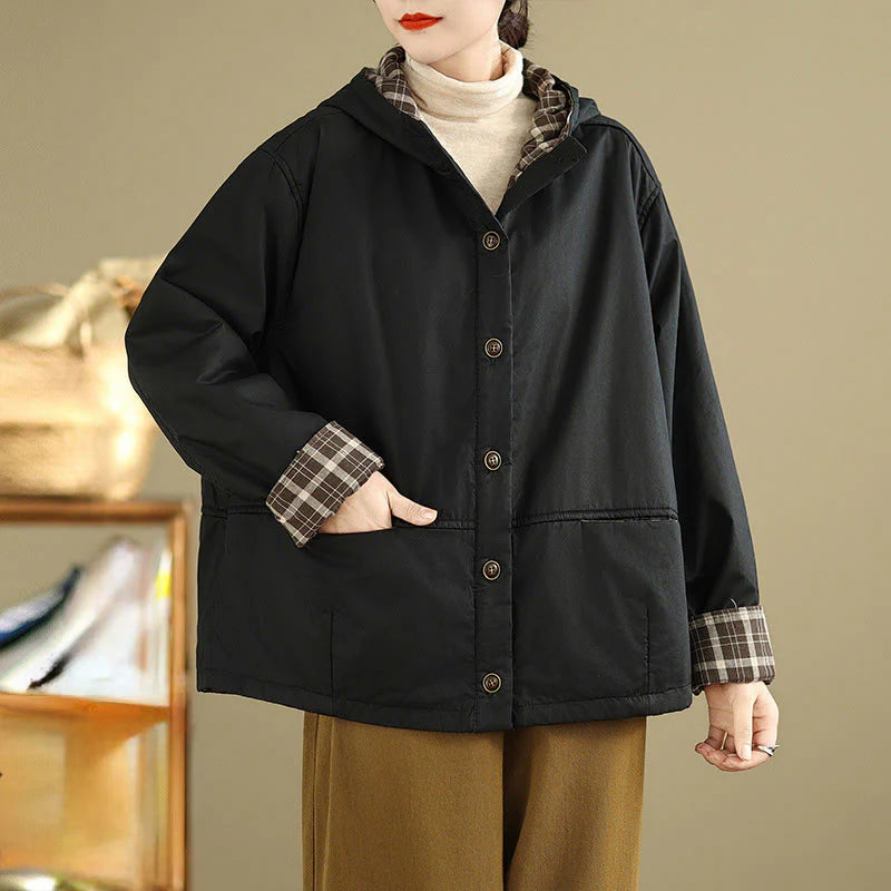 Buddha Stones Plaid Hoodie Pattern Women's Long Sleeve Cotton Thickened Jacket With Pockets