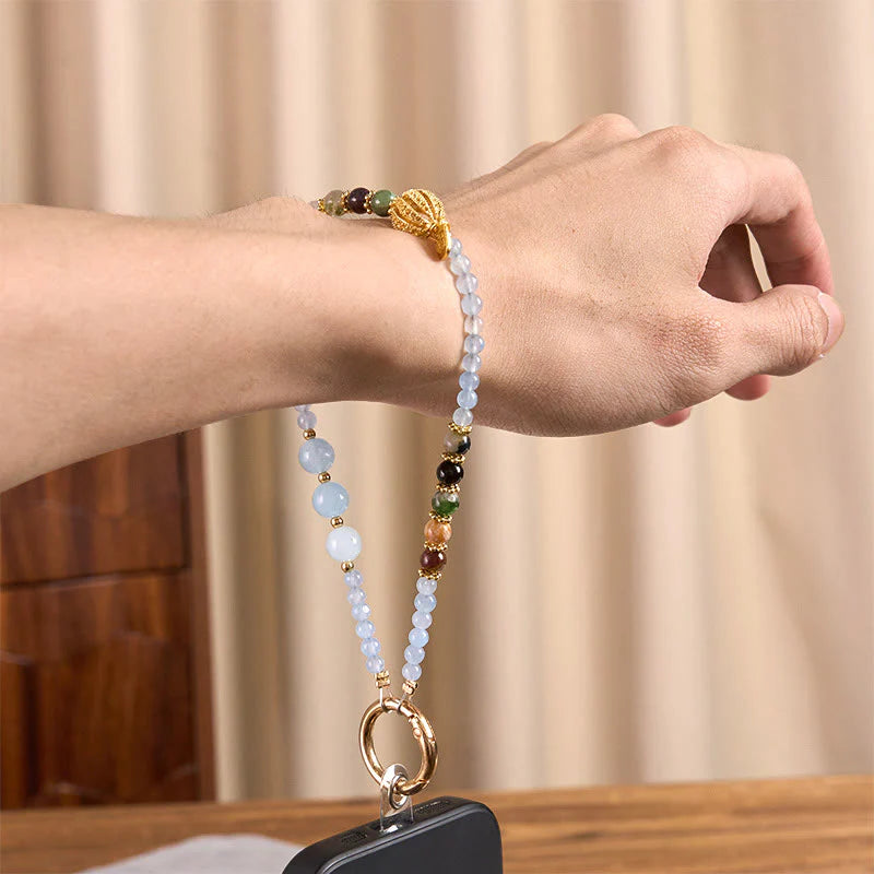 Buddha Stones Fu Character Blue Chalcedony Emotional Balance Key Chain Phone Hanging Decoration