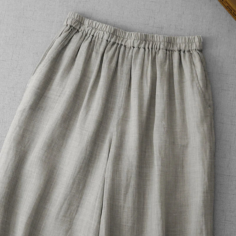 Buddha Stones Commute Solid Color Lace Embroidery Design Cotton Women's Wide Leg Cropped Pants With Pockets