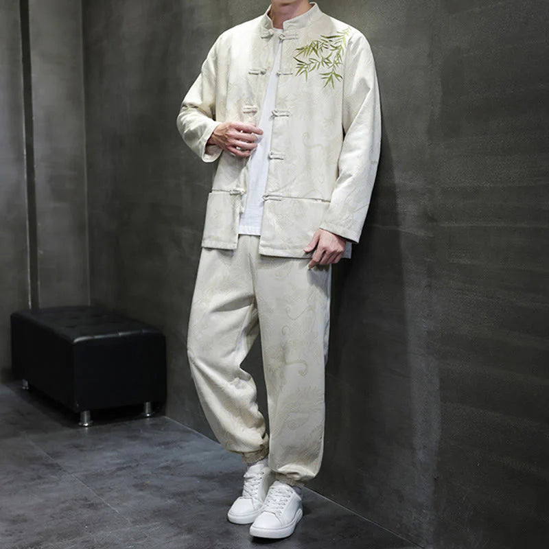 Buddha Stones 2Pcs Spring Dragon Bamboo Clouds Men's Tang Suit Frog-Button Cotton Long Sleeve Jacket Pants Set With Pockets