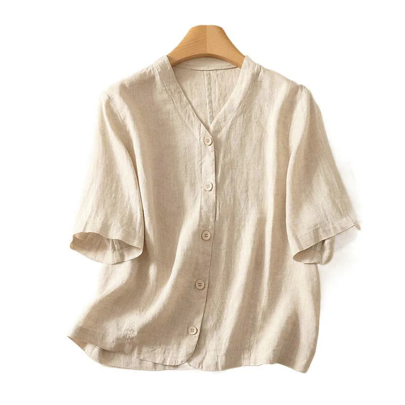 Buddha Stones Summer Solid Color V-Neck Buttons Simple Design Women's Short Sleeve Shirt
