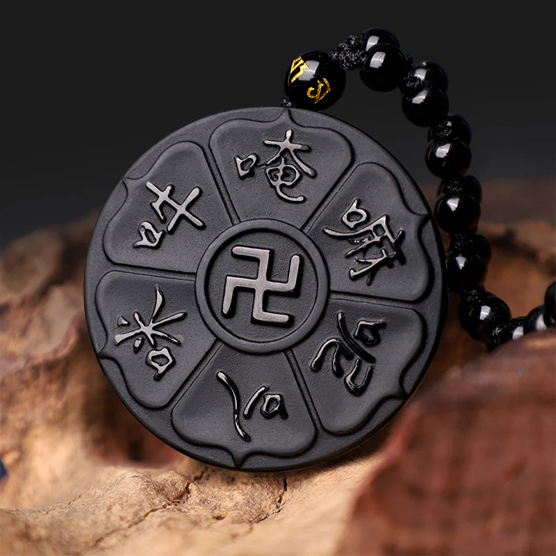 Buddha Stones Natural Black Obsidian Tibetan Om Mani Padme Hum Buddha Swastika Luck Necklace Pendant