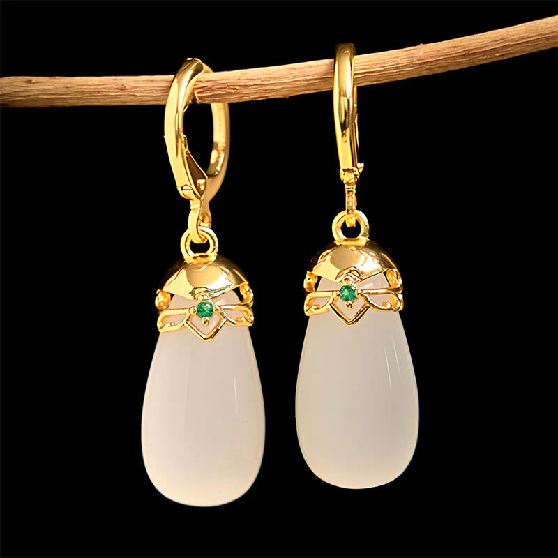 Buddha Stones Green Chalcedony Water Drop Strength Copper Posts Earrings