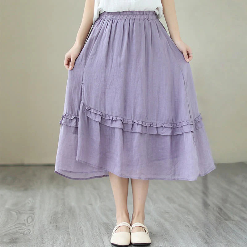 Buddha Stones Vintage Artistic Pure Color Ruffled Design Irregular Women's Cotton Linen Skirt