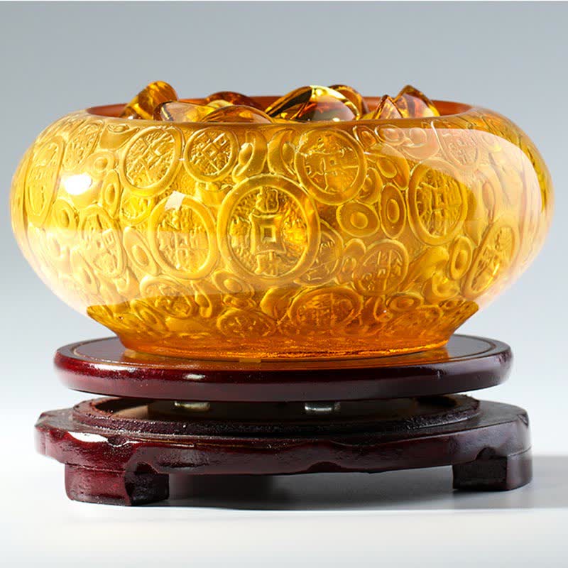 Buddha Stones Handmade Liuli Crystal Treasure Bowl Ingots Art Piece Home Decoration