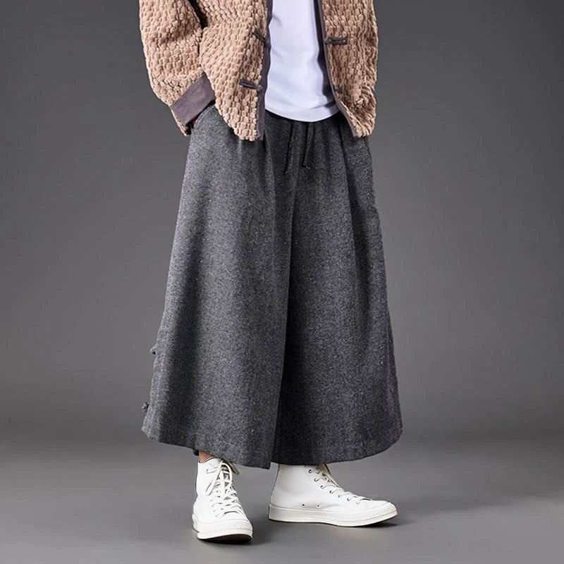 Buddha Stones Winter Chinese Frog-Button Design Corduroy Thermal Men's Wide Leg Pants With Pockets