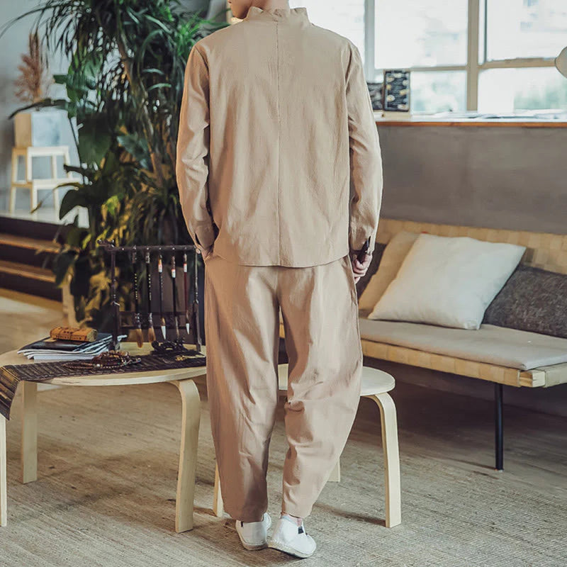 Buddha Stones 2Pcs Shirt Ankle-Length Pants With Pockets Men's Meditation Cloth Set