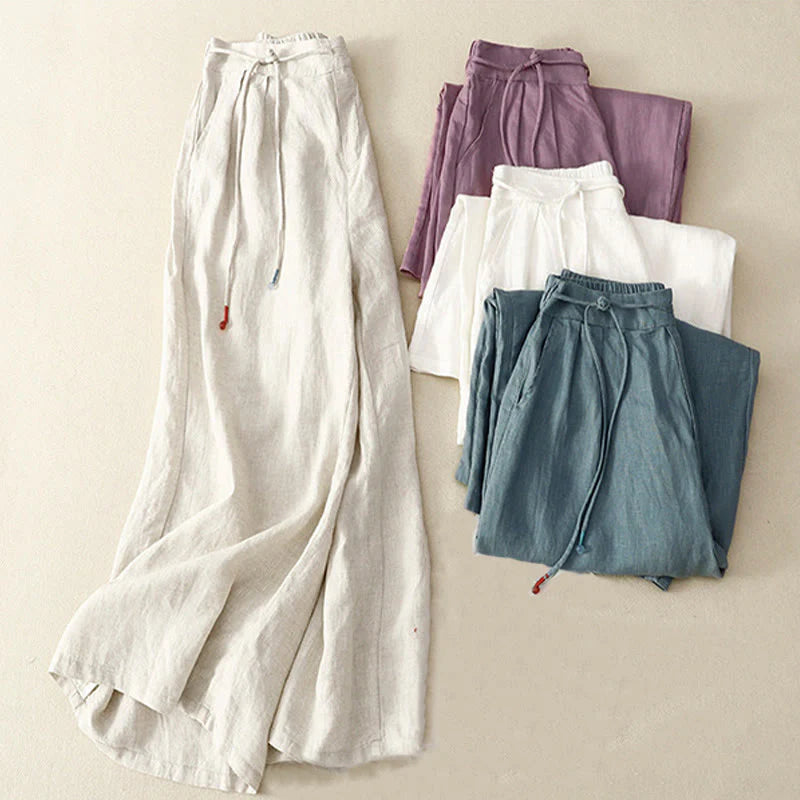 Buddha Stones Spring Casual Solid Color Drawstring Design  Women's Cotton Linen 7-8 Length Wide Leg Pants With Pockets