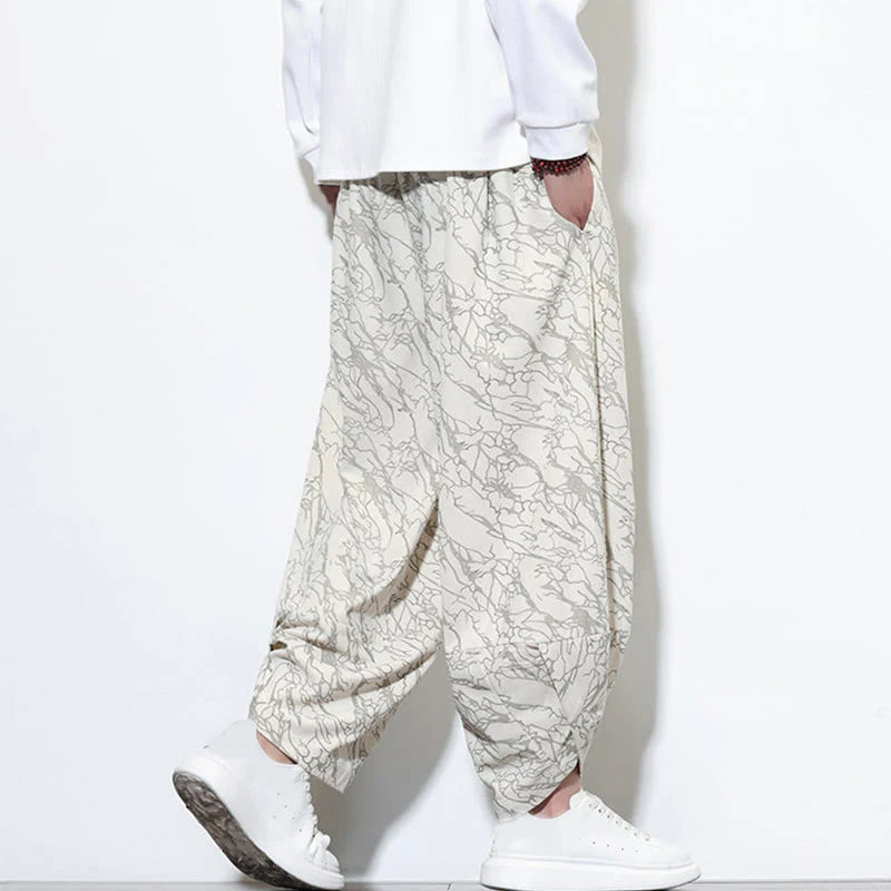 Buddha Stones Fall Textured Lines Print Cotton Elastic Waist Ankle-Length Men's Harem Pants With Pockets
