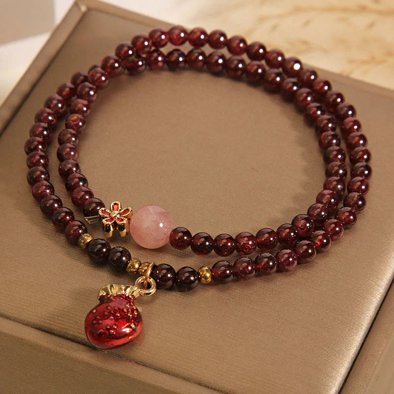 Buddha Stones Natural 3mm Ultra-thin Garnet Rose Quartz Beads Money Bag Bell Flower Protection Bracelet
