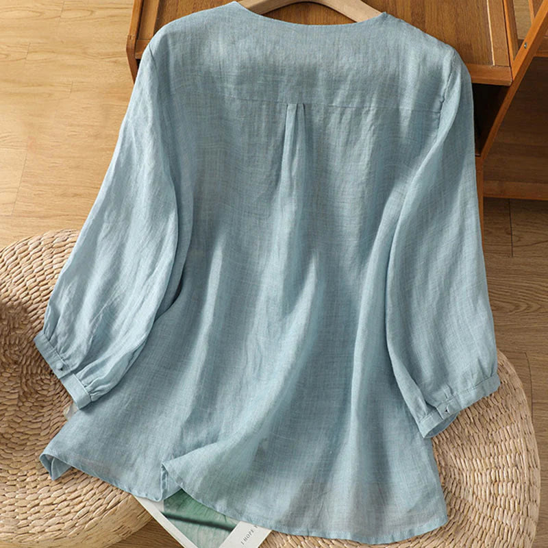 Buddha Stones Casual Embroidery Single Breasted Button Polyester Half Sleeve Women's V-neck Shirt