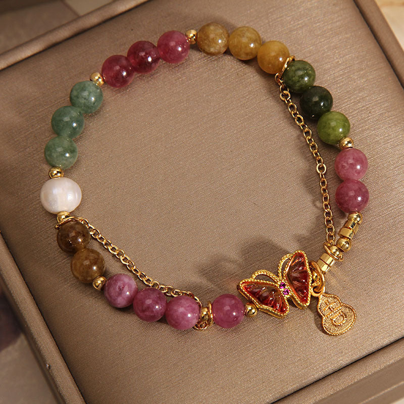Buddha Stones Natural Colorful Tourmaline Butterfly Auspicious Character Gourd Charm Positive Bracelet (Extra 35% Off | USE CODE: FS35)
