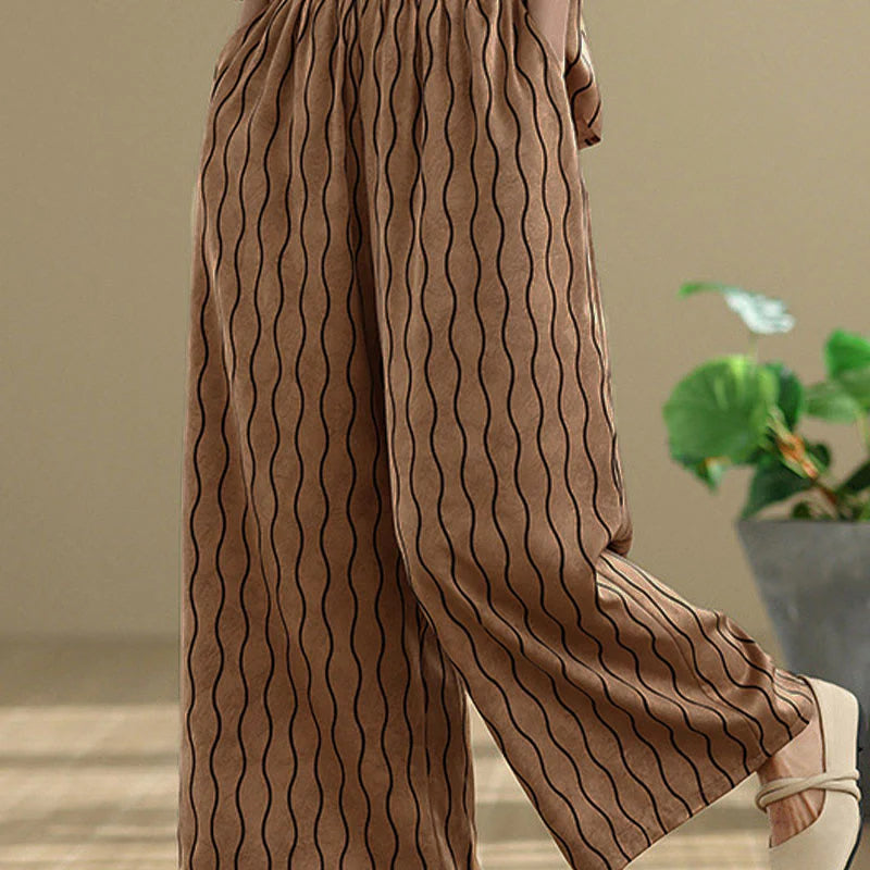 Buddha Stones 2pcs Striped Pattern Short Sleeve Shirt Polyester 7 Length Harem Pants Set With Pocket