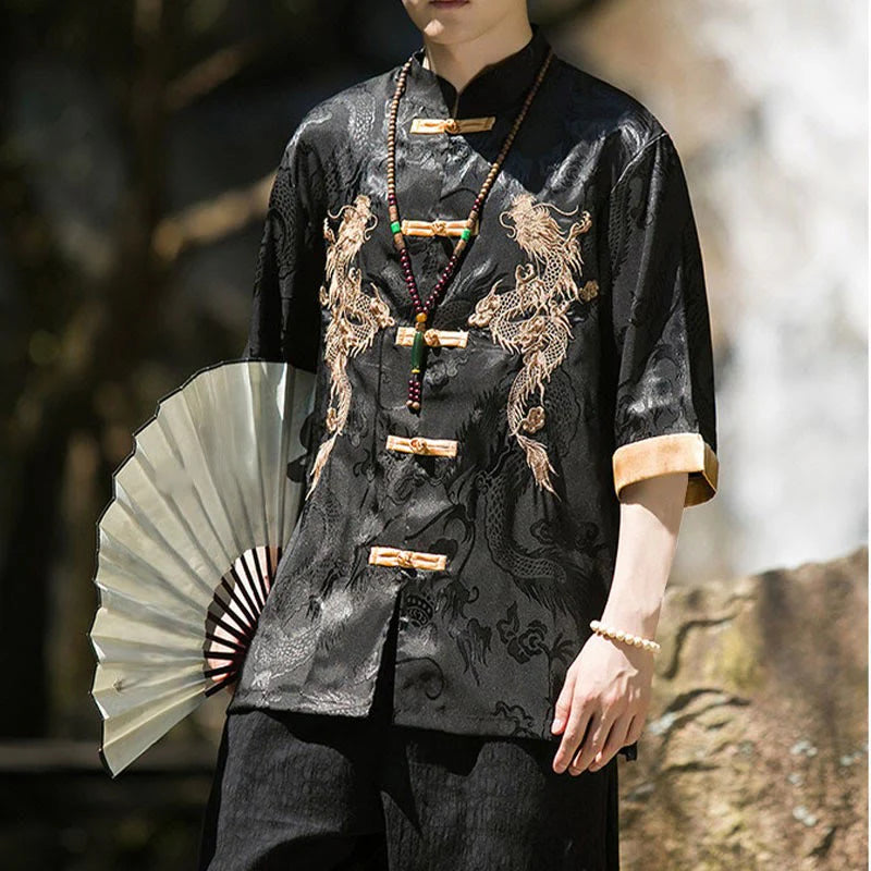 Buddha Stones Embroidered Dragon Pattern Colorblock Design Tang Suit Men's Frog-Button Half Sleeve Shirt