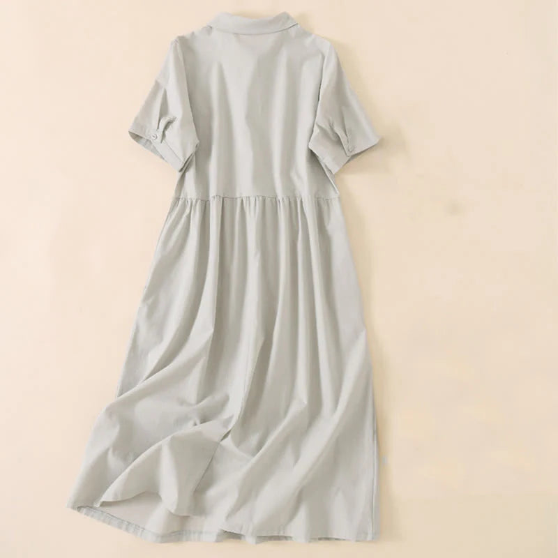 Buddha Stones Summer Buttons Design Short Sleeve Cotton Linen Midi Dress With Pockets