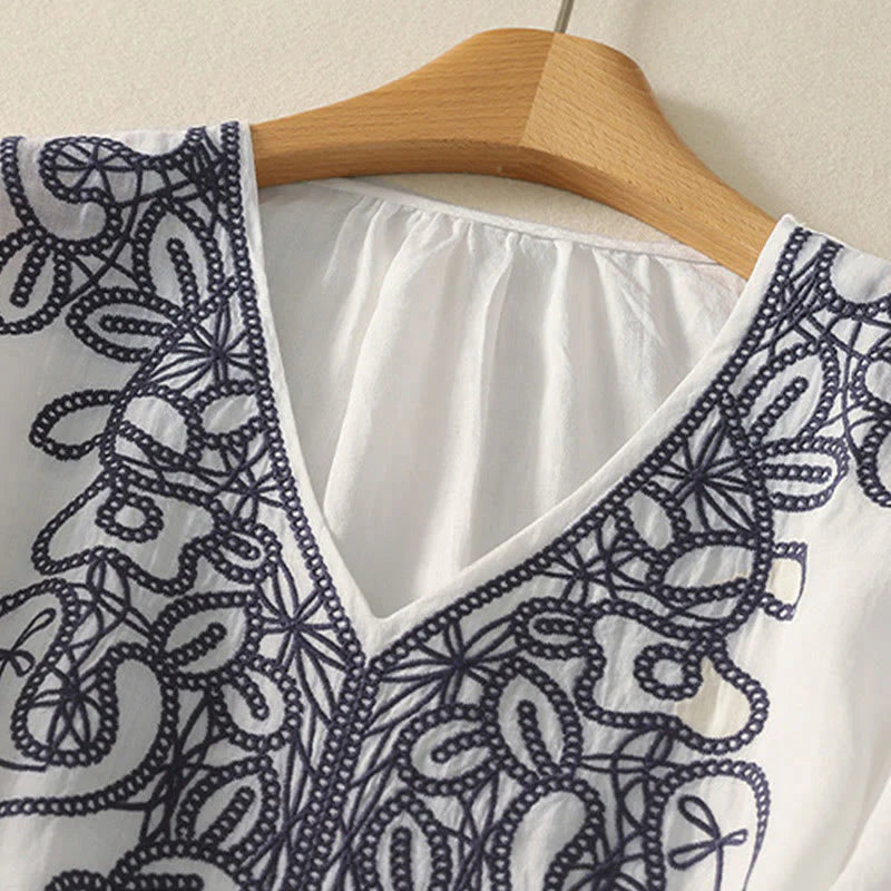 Buddha Stones Embroidered V-neck Casual Women's Cotton Linen Half Sleeve T-shirt