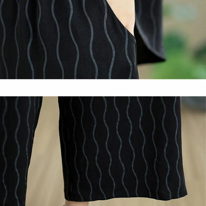 Buddha Stones 2pcs Striped Pattern Short Sleeve Shirt Polyester 7 Length Harem Pants Set With Pocket