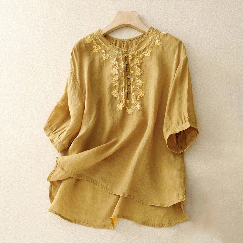 Buddha Stones Casual Women's Plain Frog Buckle Design Half Sleeve Shirt