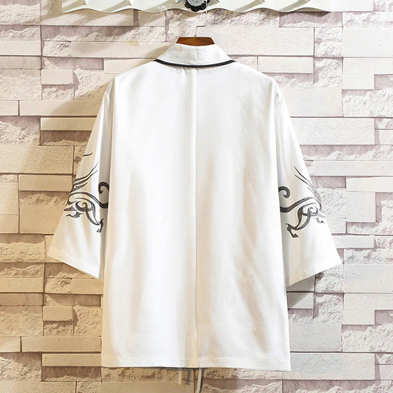 Buddha Stones Embroidery Dragon Phoenix Auspicious Cloud Waves Leaves Cranes Open Front Jacket Men's Kimono