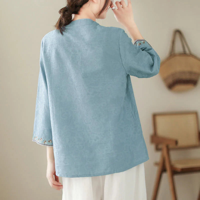 Buddha Stones Jacquard Frog-button Stand Collar Embroidered Three Quarter Sleeve Design Women's Cotton Shirt