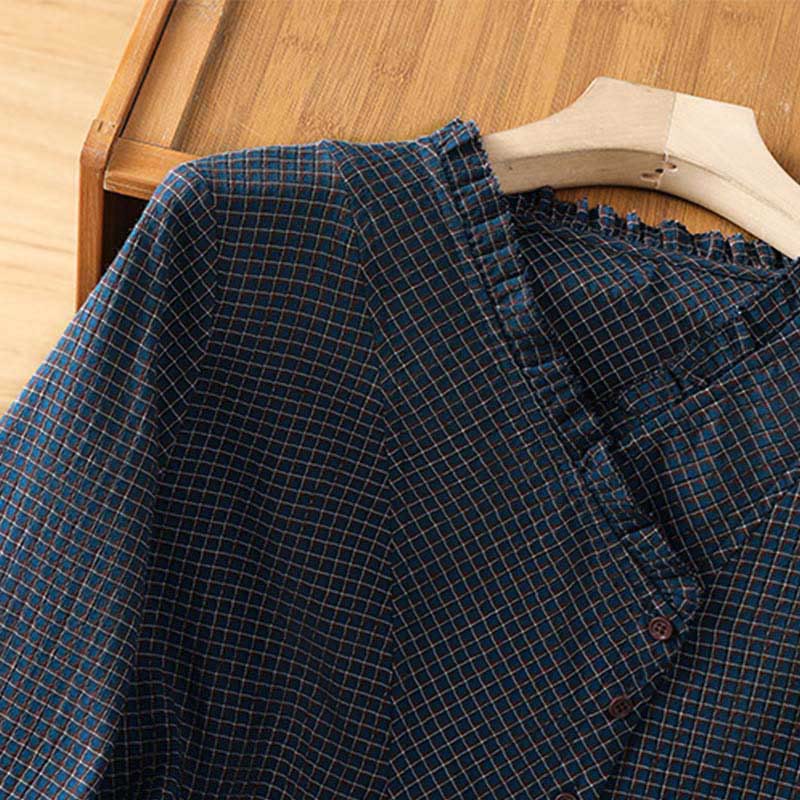 Buddha Stones Fall Blue Plaid V-Neck Buttons Design Women's Cotton Long Sleeve Shirt