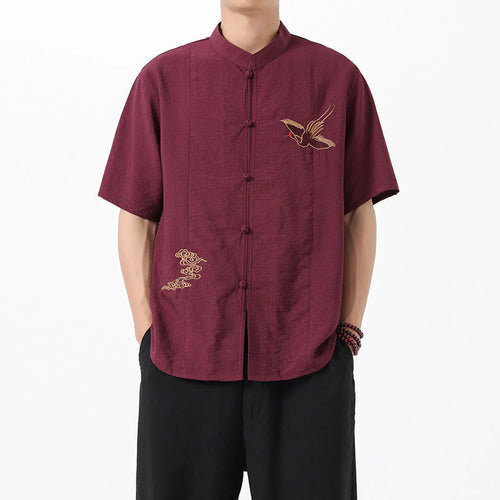 Buddha Stones Embroidery Buttons Half Sleeve Design Stand Collar Men's Cotton Shirt