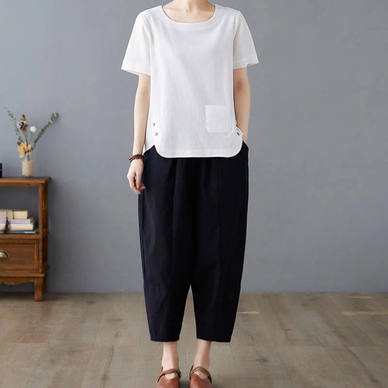 Buddha Stones Side Slit Design Women's Cotton Linen Crew Neck Short Sleeve T-Shirt Wtih Pocket