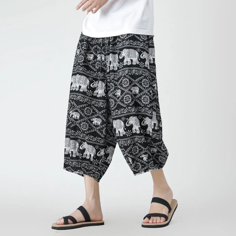 Buddha Stones Summer Square Patchwork Elephant Mandala Geometry Cotton Linen Men's 7-8 Length Pants With Pockets