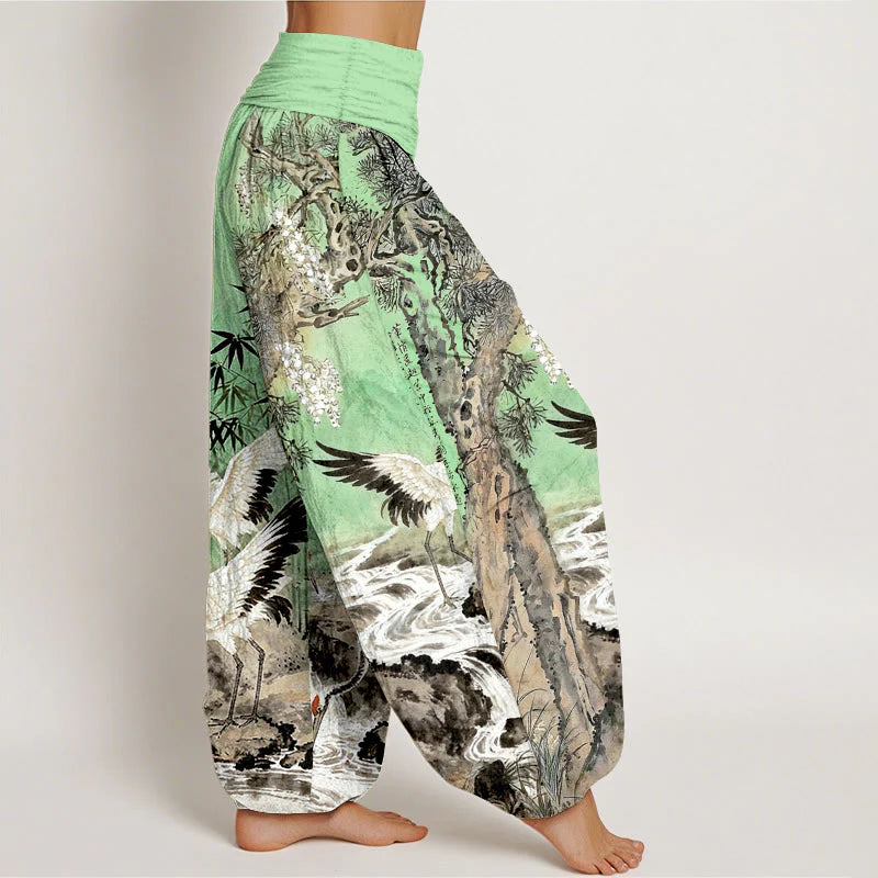 Buddha Stones Pure Cotton Red-crowned Crane Stream Pattern Women's Elastic Waist Harem Pants