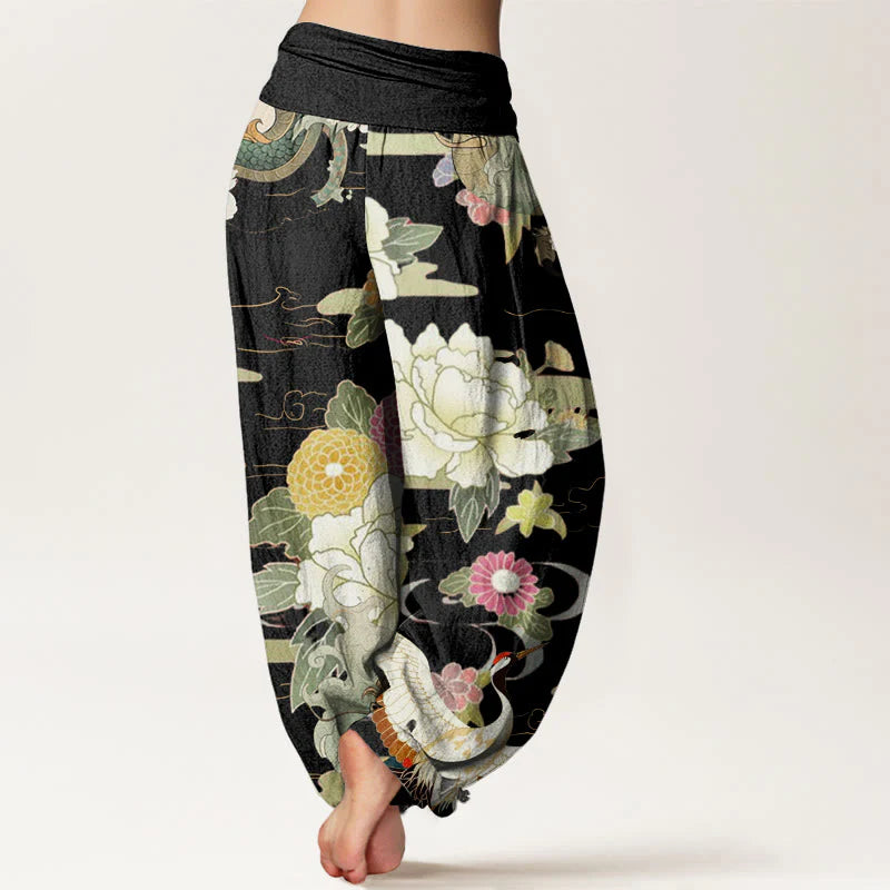 Buddha Stones Cotton Casual Dragon Red-crowned Crane Peony Flower Pattern Women's Elastic Waist Harem Pants