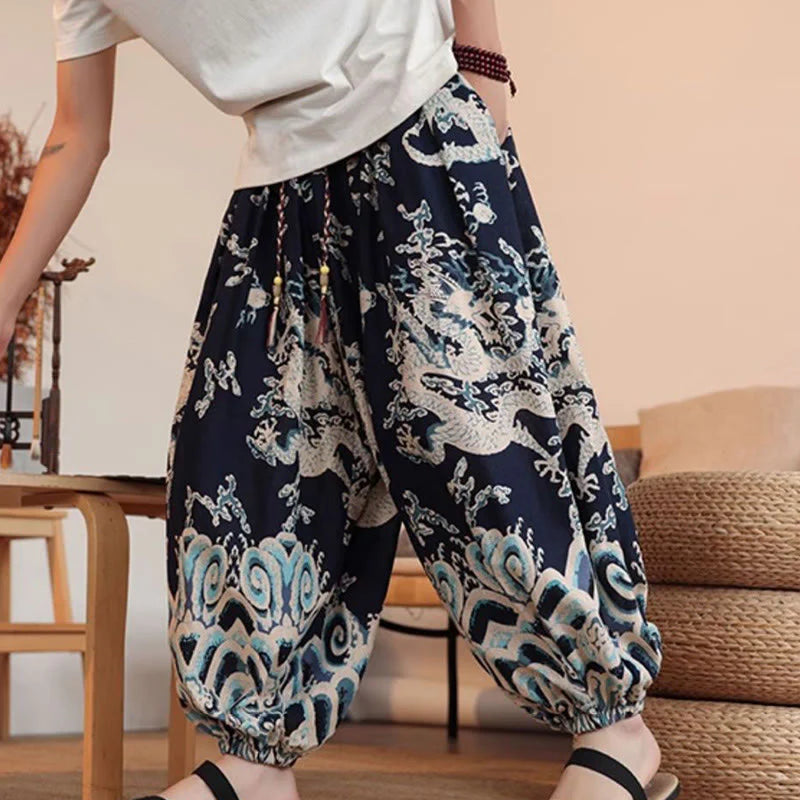 Buddha Stones Dragon Print Cotton Men's Harem Ankle-Length Pants With Pockets