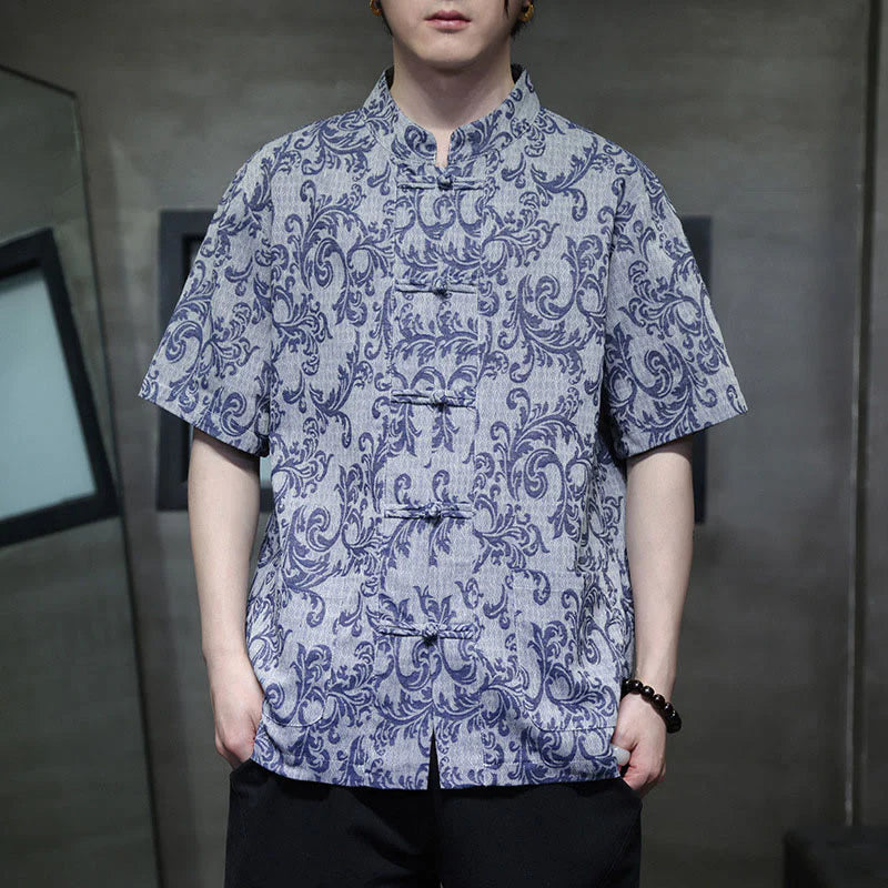 Buddha Stones Summer Floral Vine Pattern Tang Suit Men's Frog-Button Short Sleeve Shirt With Pockets