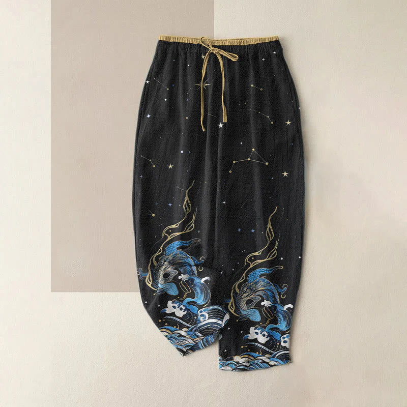 Buddha Stones Pure Cotton Starry Sky Ocean Mythical Beast Pattern Women's Elastic Waist Pants With Pockets