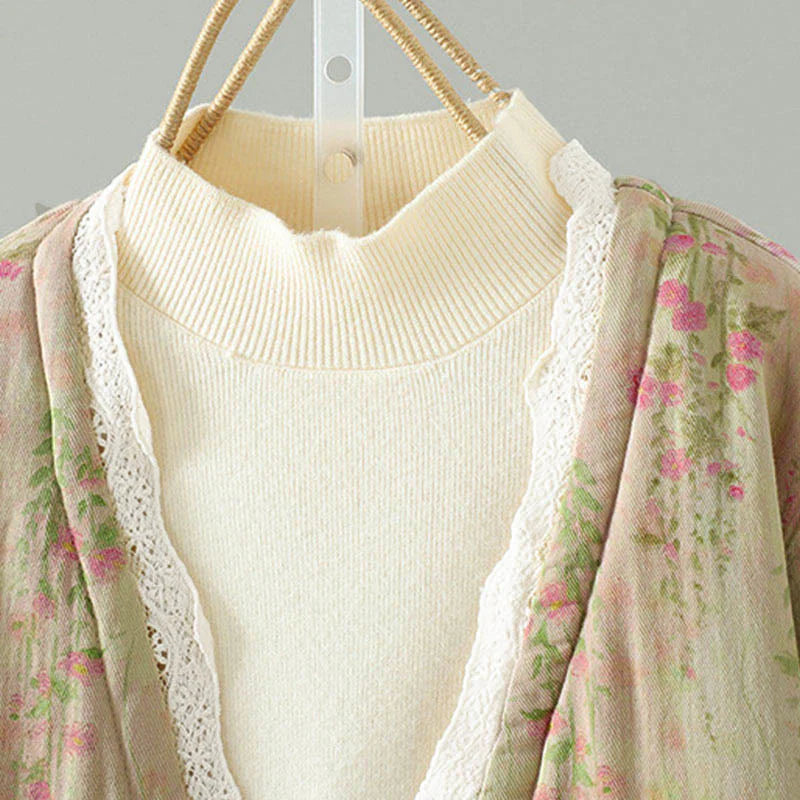 Buddha Stones Winter Lace Patchwork Long Sleeve Cotton Women's Thermal Jacket With Pockets
