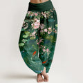 Buddha Stones Pure Cotton Sakura Blossoms Koi Fish Lotus Leaves Women's Elastic Waist Harem Pants