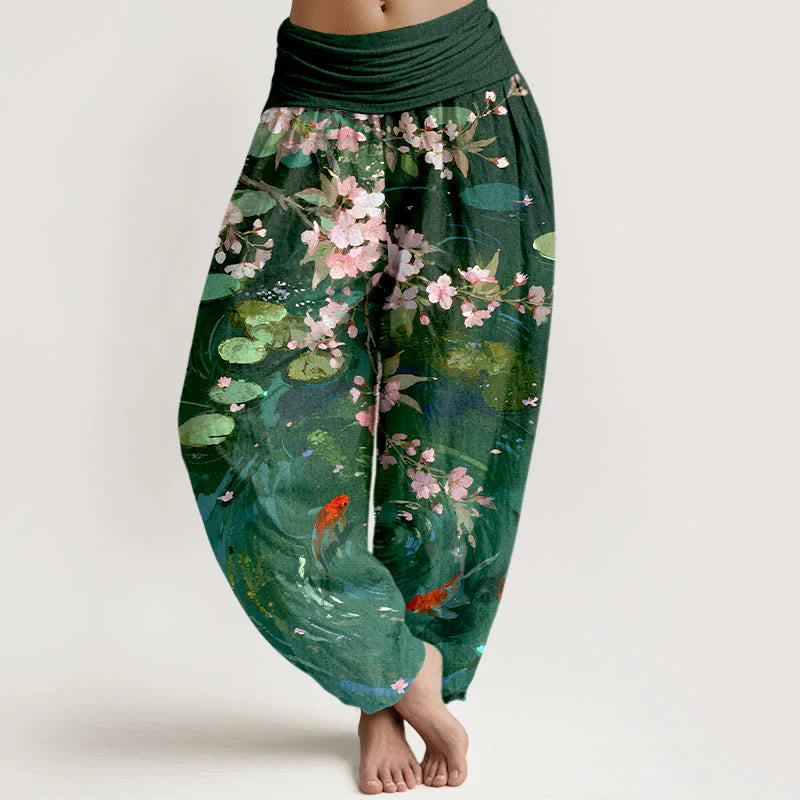 Buddha Stones Pure Cotton Sakura Blossoms Koi Fish Lotus Leaves Women's Elastic Waist Harem Pants