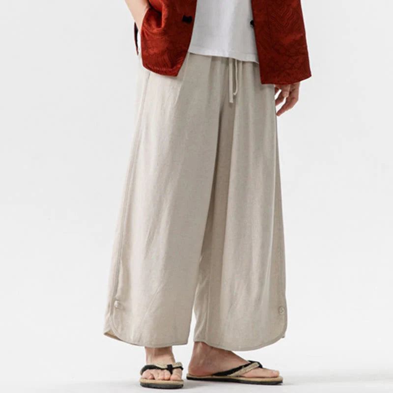 Buddha Stones Summer Plain Drawstring Design Linen Cotton Men's 7-8 Length Pants With Pockets