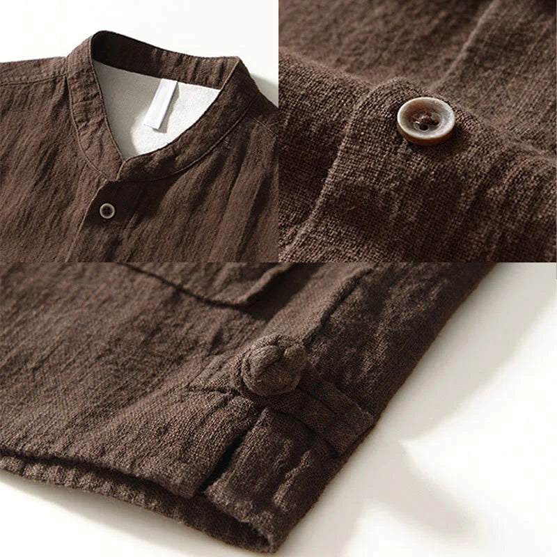Buddha Stones Solid Color Men's Buttons Long Sleeve Cotton Linen Shirt With Pockets