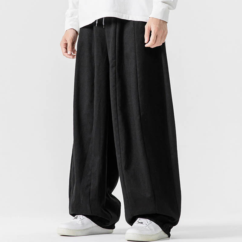 Buddha Stones Winter Commute Plain Drawstring Design Men's Wide Leg Cotton Pants With Pockets