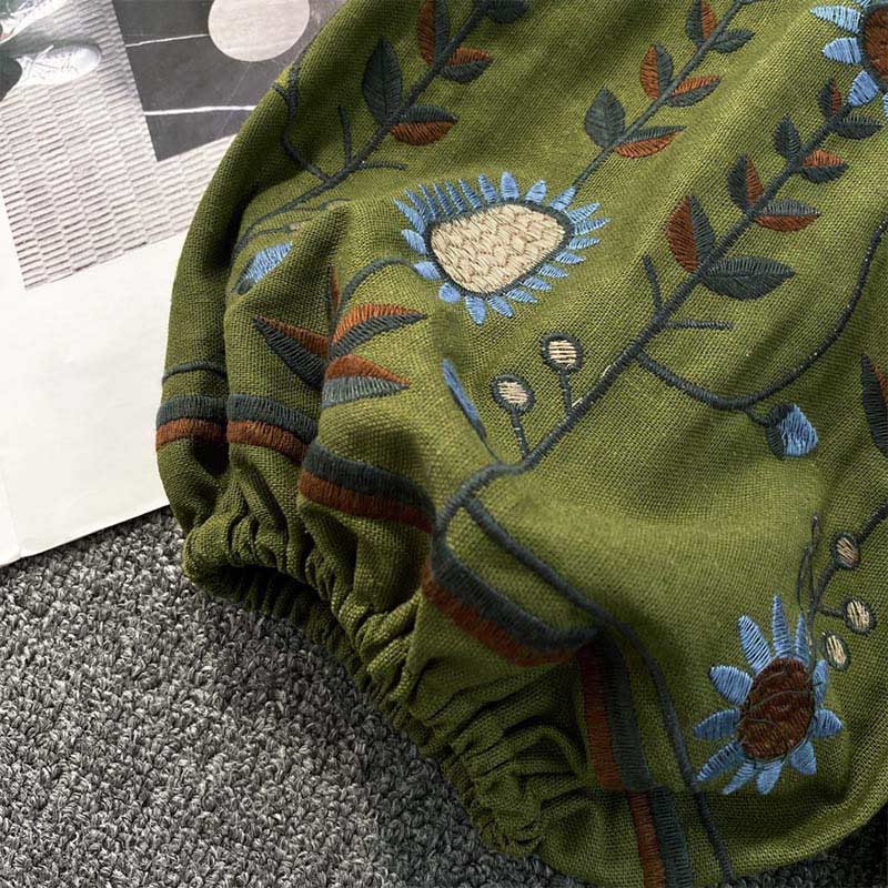 Buddha Stones Casual Embroidery Flower Leaf Pattern Women's Cotton Linen Round Neck T-shirt