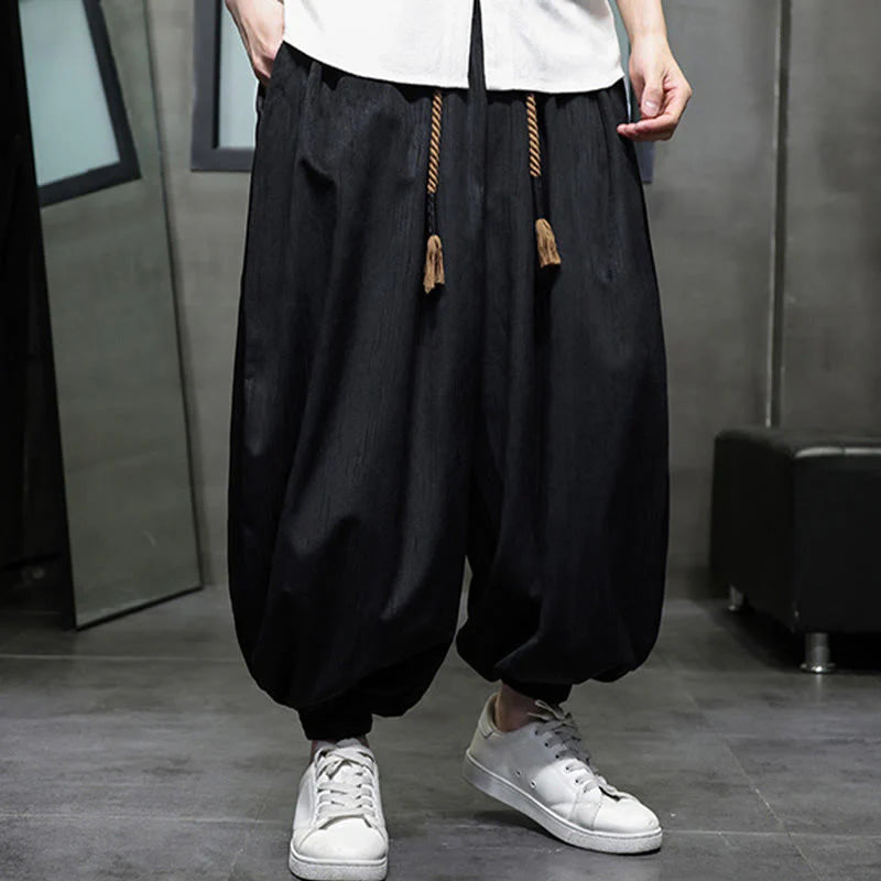 Buddha Stones Casual Daily Pure Color Drawstring Design Men's Harem Pants With Pockets