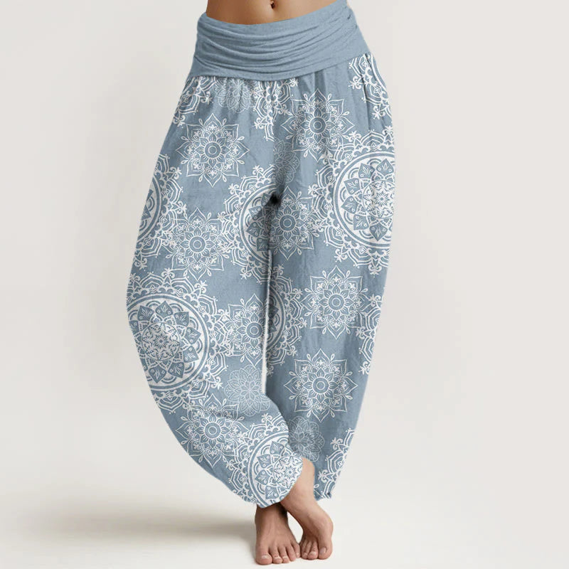 Buddha Stones Cotton Casual White Mandala Flower Design Women's Elastic Waist Harem Pants
