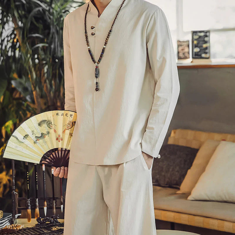 Buddha Stones 2Pcs Shirt Ankle-Length Pants With Pockets Men's Meditation Cloth Set