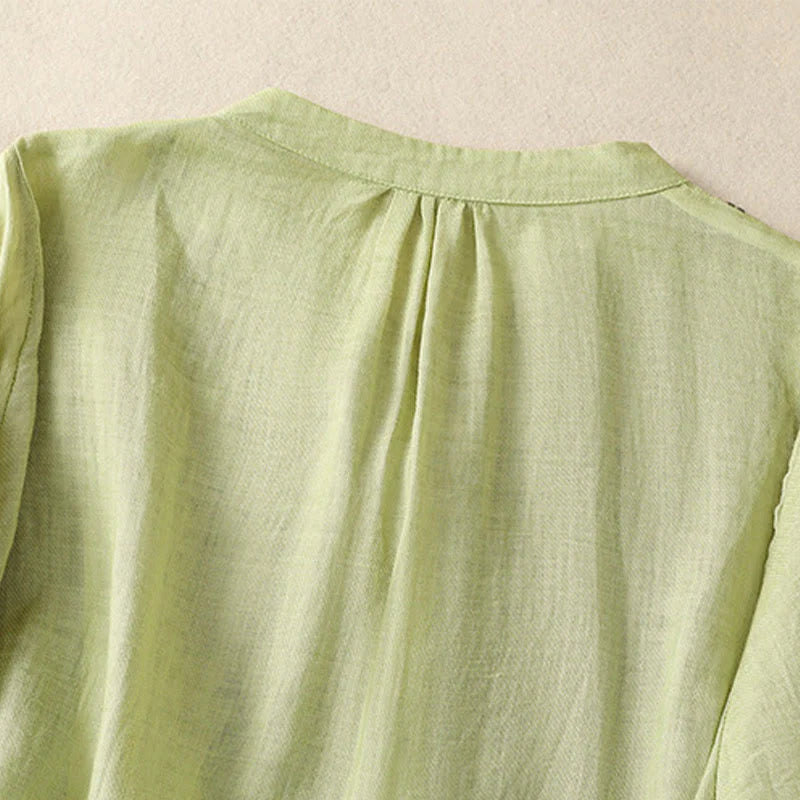 Buddha Stones Embroidery Single Breasted Women's Cotton Linen Three Quarter Sleeve Shirt
