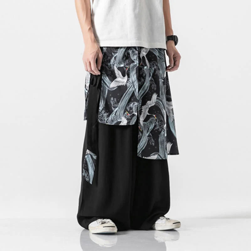 Buddha Stones Summer Flying Crane Design Cotton Men's Wide Leg Pants With Pockets